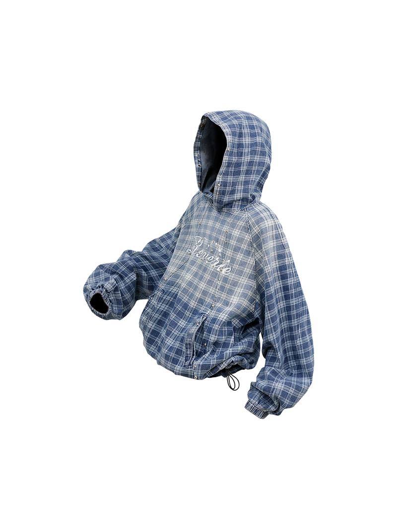 RELABEL（リレーベル）の「RELABEL (Gemeng) Stud-embellished, printed, gradient-wash checked hooded denim sweatshirt（Tops）」