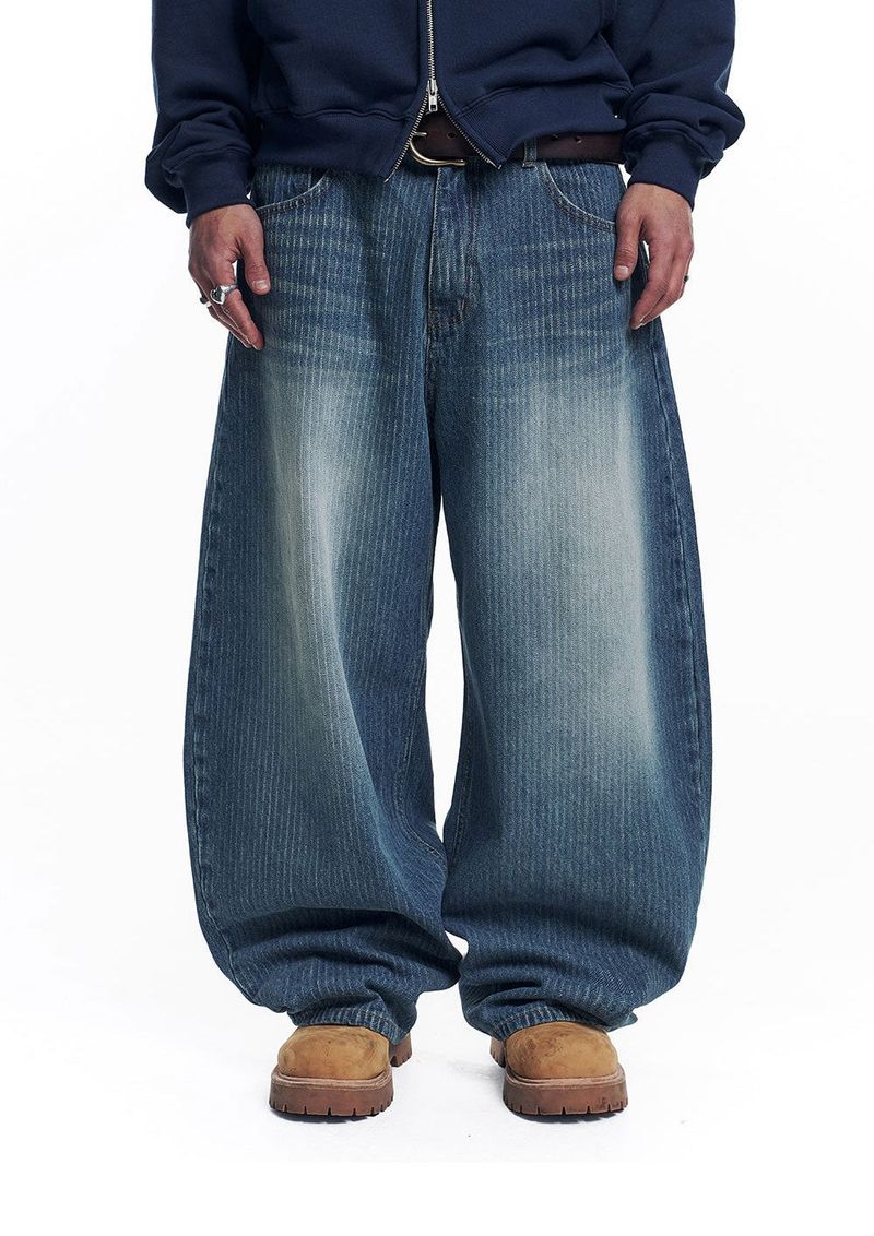 Stripe Lettering Denim Pants - Medium Blue
