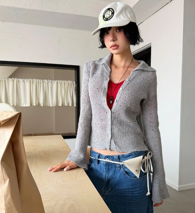 FLARE SLEEVE COLLAR CARDIGAN