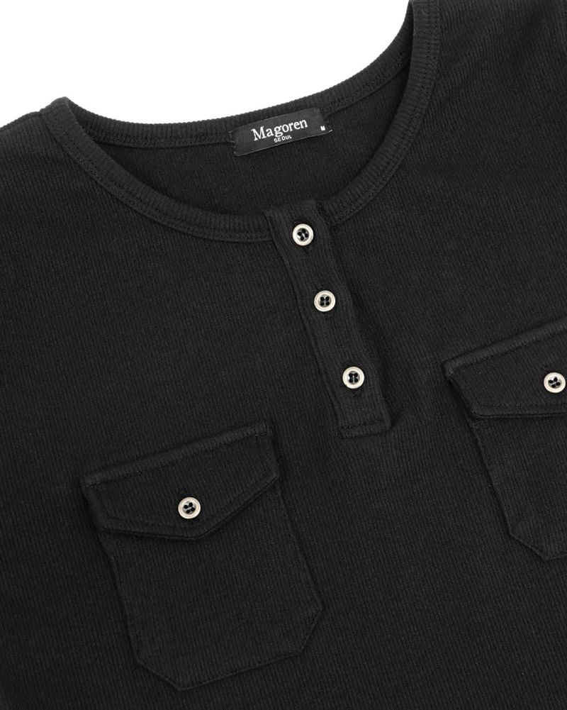 Pocket Henley Neck Ribbed Long Sleeve Black
