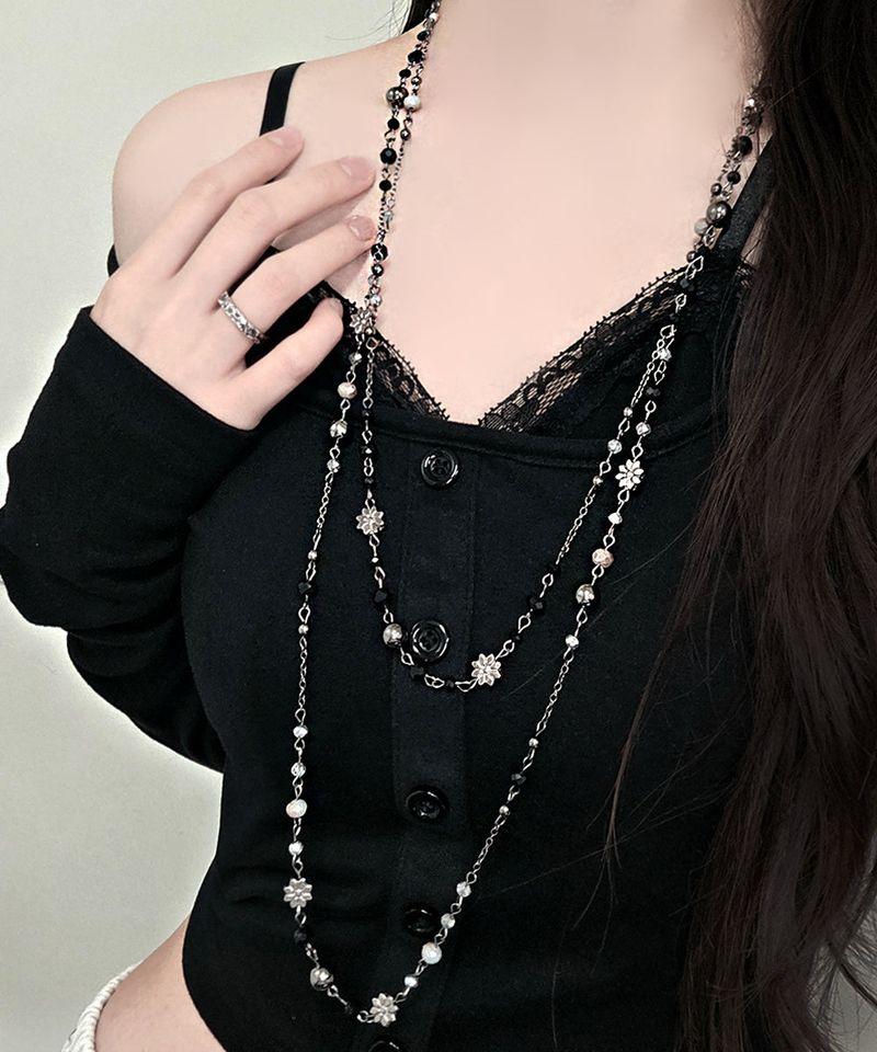 Black Beads Layered Ethnic Long Necklace