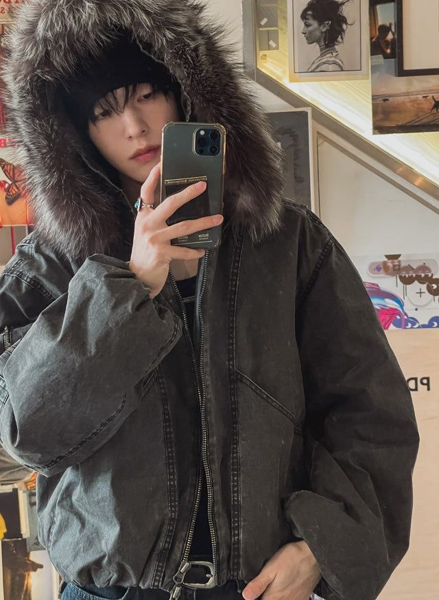 [LANARCH] Fox Fur Hood Bomber Jacket