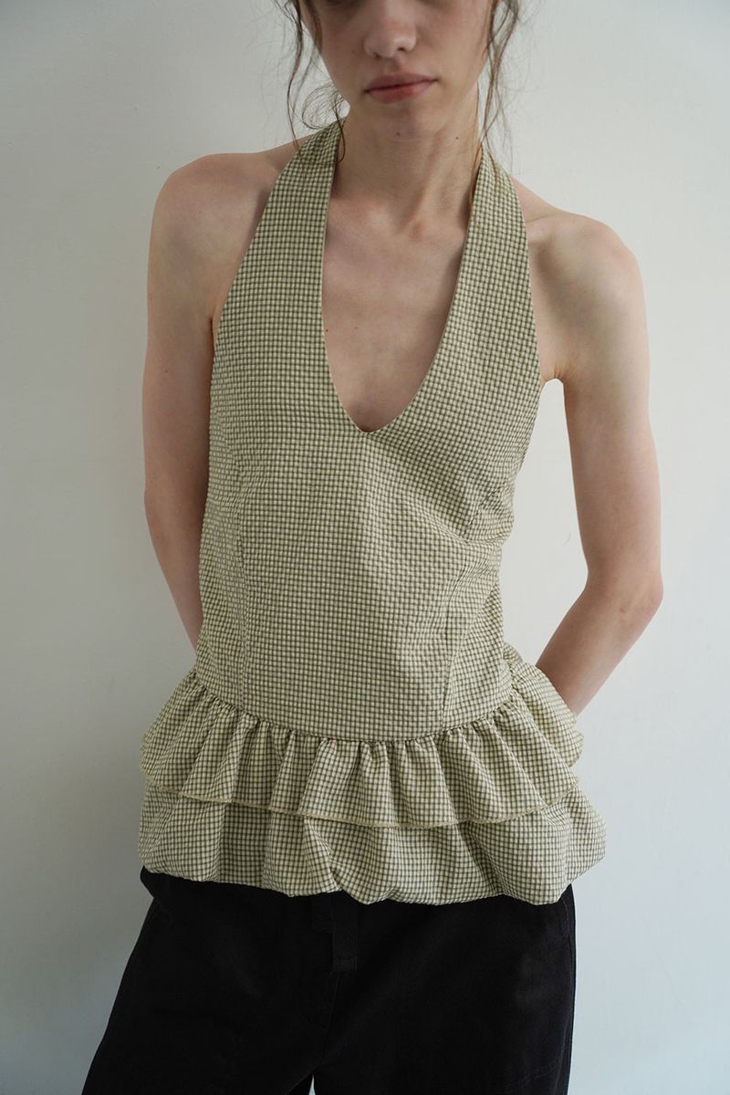 Gingham halter blouse_khaki