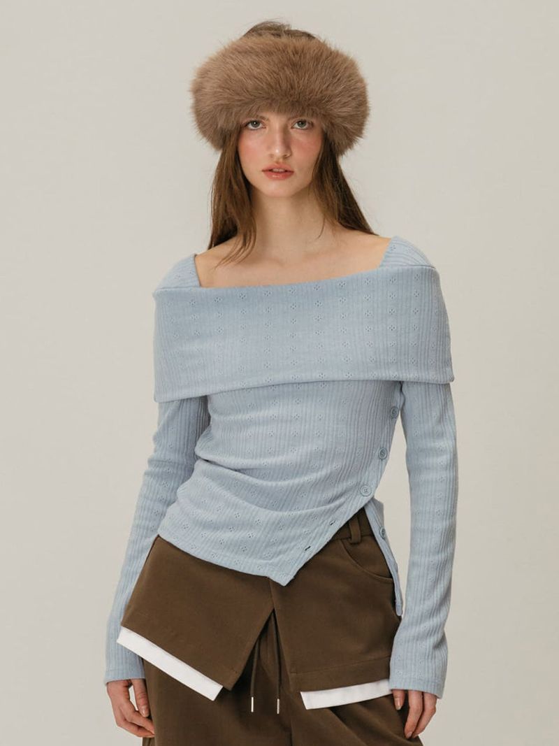 BUTTON OFF SHOULDER T-SHIRT / CHARCOAL