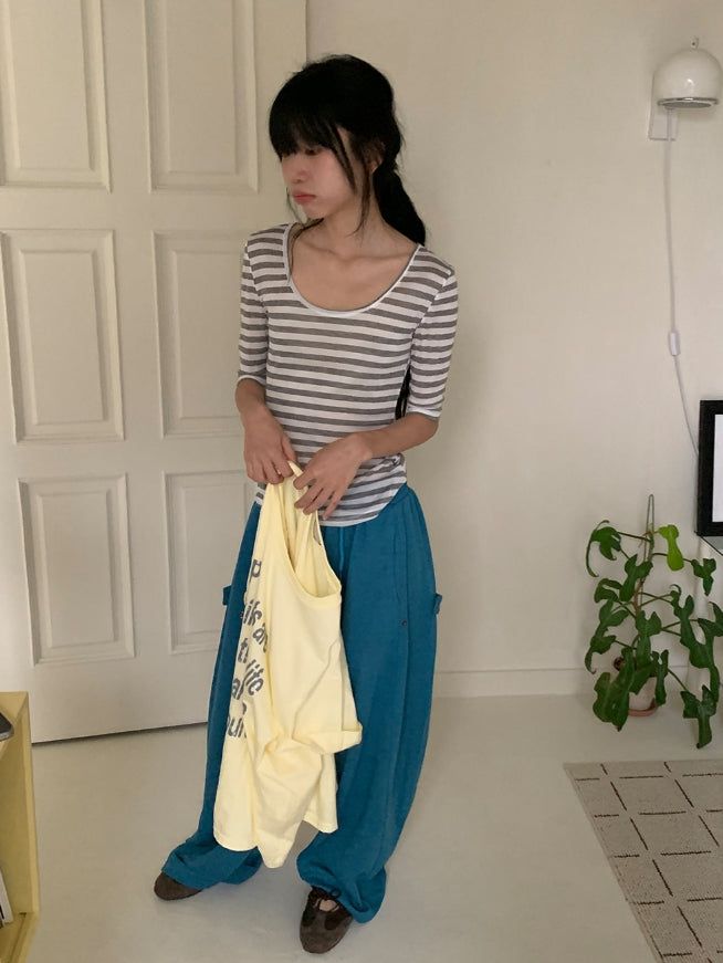 Yoka Stripe U-neck Layered Three Quarter Tee