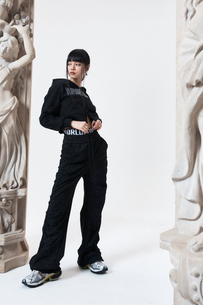 shirring wide banded pants (BLACK)