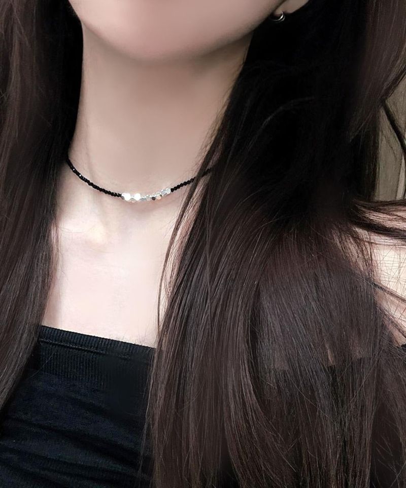 Black Rondelle beads silver cube necklace