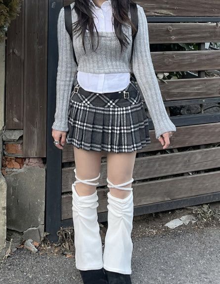 School Look Shirt Cardigan Layered Set