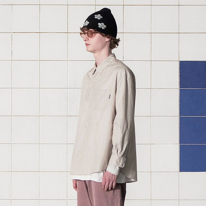 LAYERED CUFFS STRIPE SHIRT / BEIGE