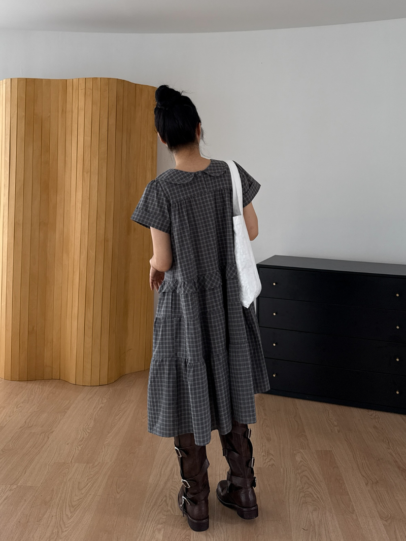 round collar check midi dress 