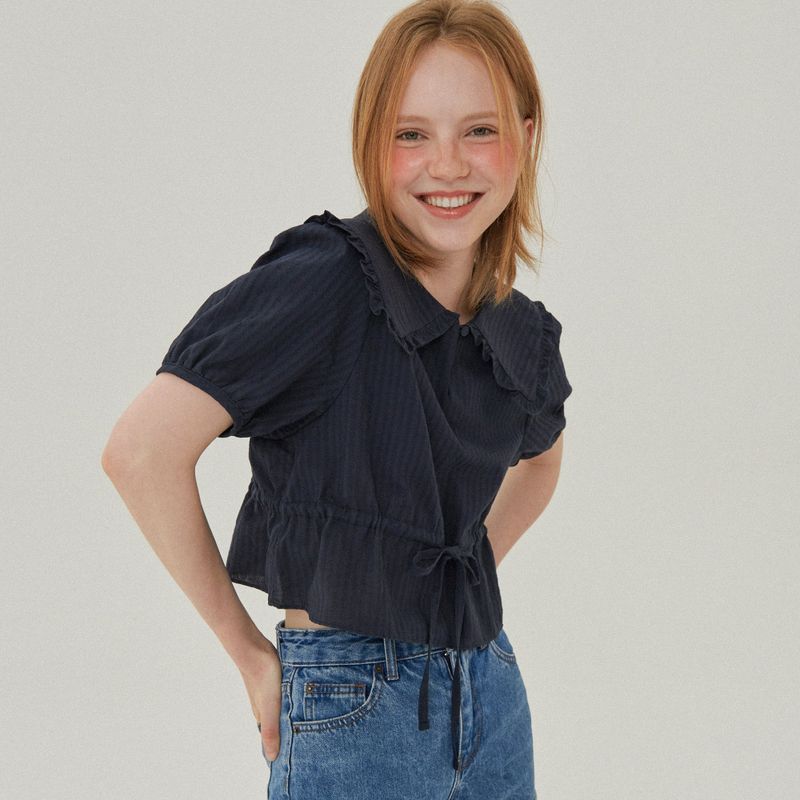 RUFFLE COLLAR CROP BLOUSE_NAVY