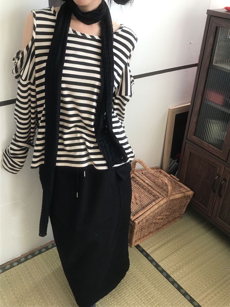 shoulder slit loose stripe long sleeve