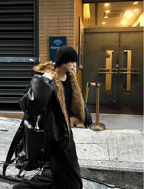 Zeoni fur trim hooded dark black leather jumper