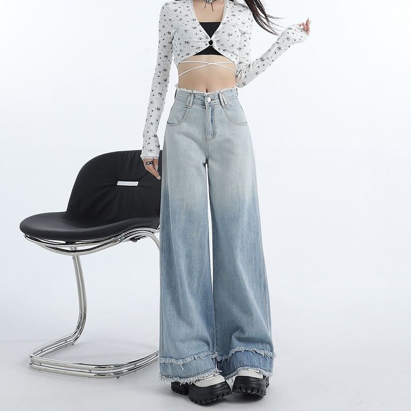 Gradient Blue Raw-Edge Wide-Leg Denim Pants