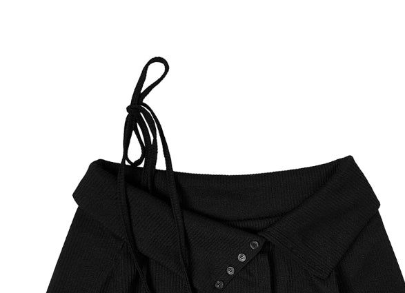 Cashier Button Off-Shoulder Unbalance Ribbon Knit