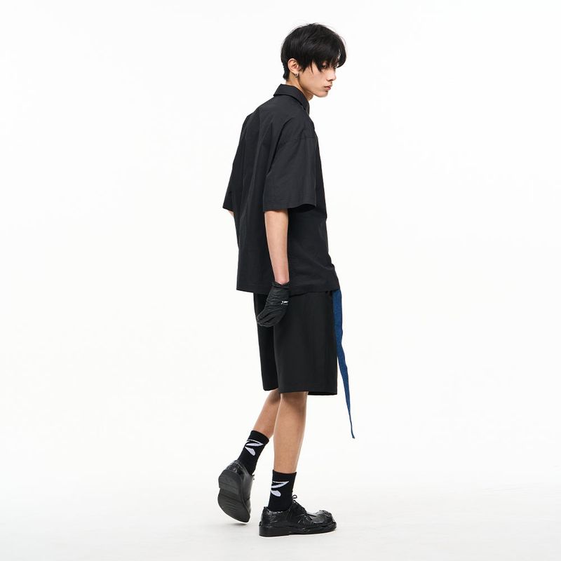 RELABEL Black Crooked Waist Head Adjustable D-Buckle Denim Belt Pleated Suit Shorts
