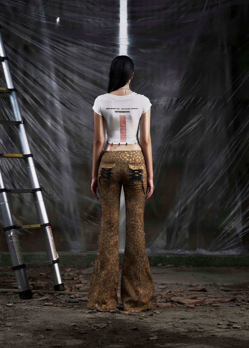 NONE Printed Lace Up Flared Jean