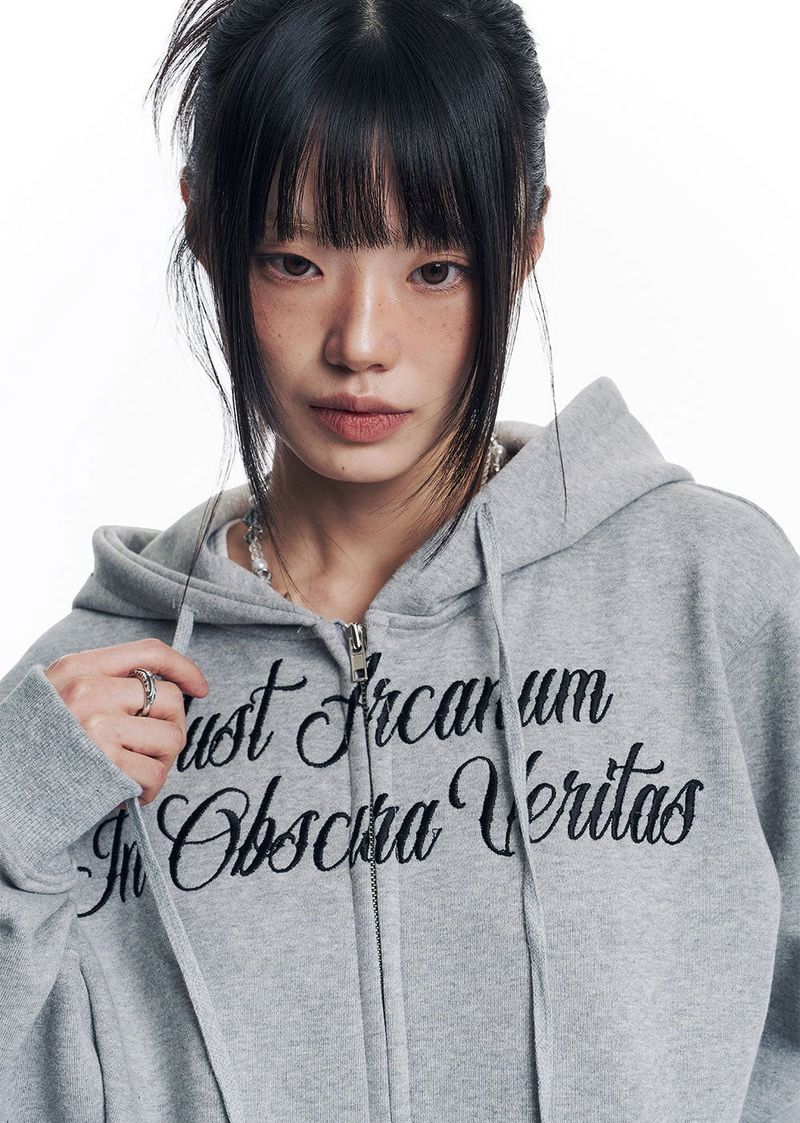 Lettering Embroidered Hoodie Zip-Up - Gray