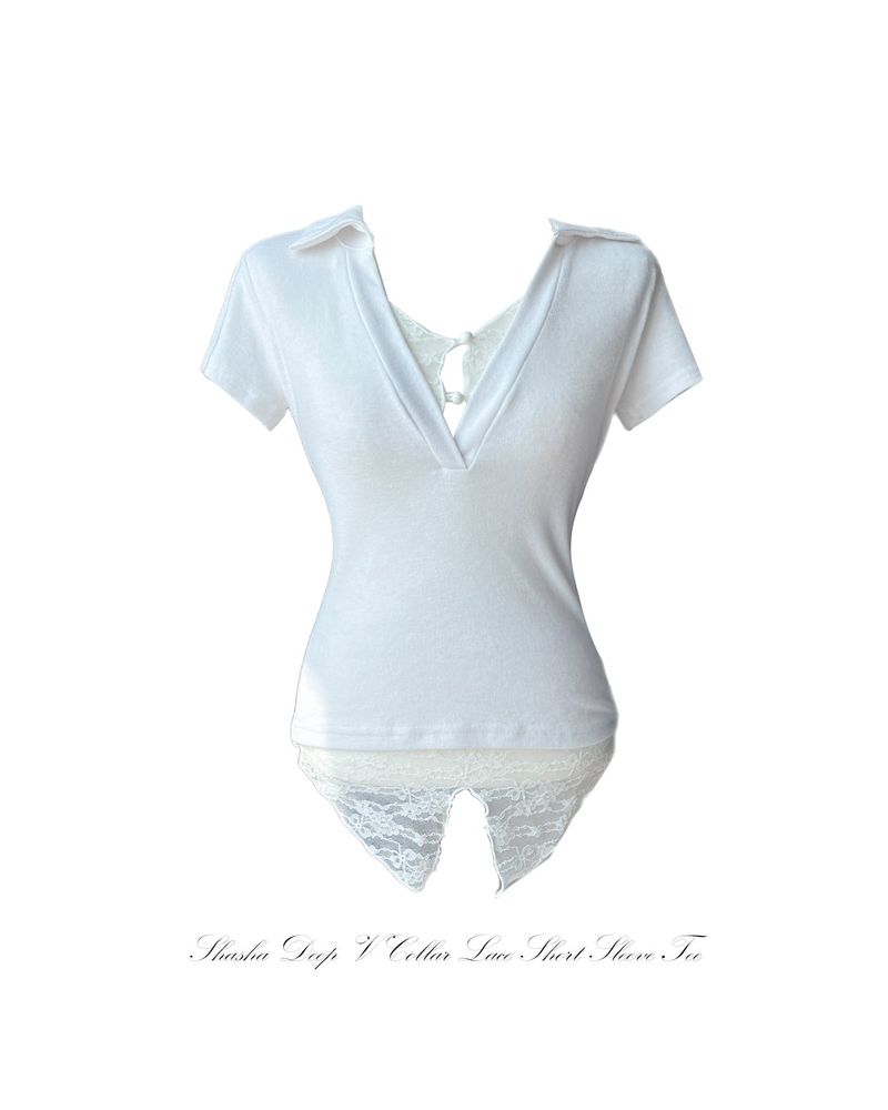 GUSTA（グスタ）の「Shasha Deep V Collar Lace Short Sleeve Tee（Tops）」