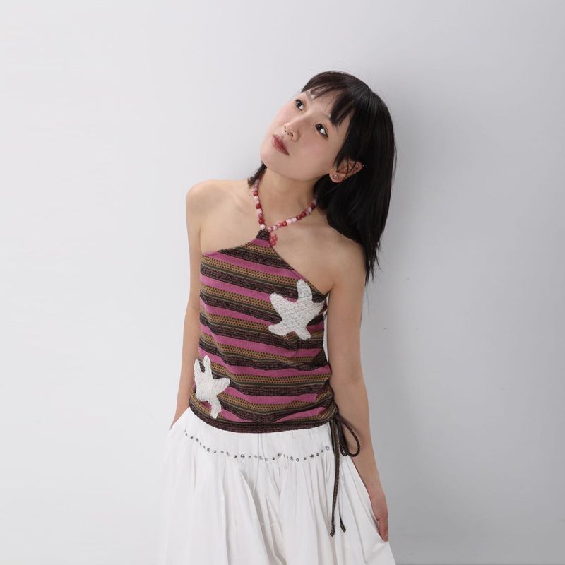 CONFUN 25SS original patch texture striped beaded halter strap