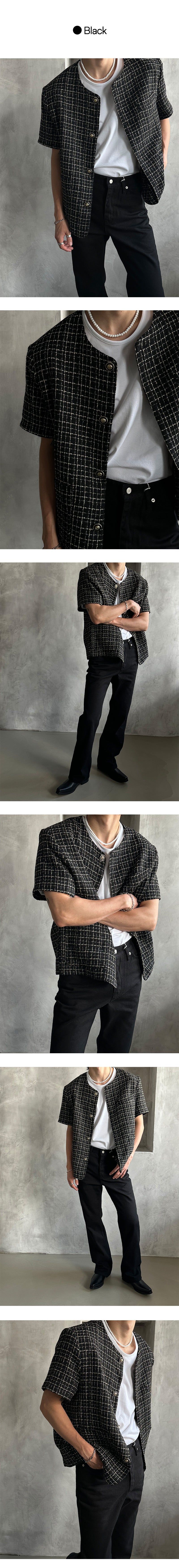 [S/S] Round neck half tweed jacket (2color)