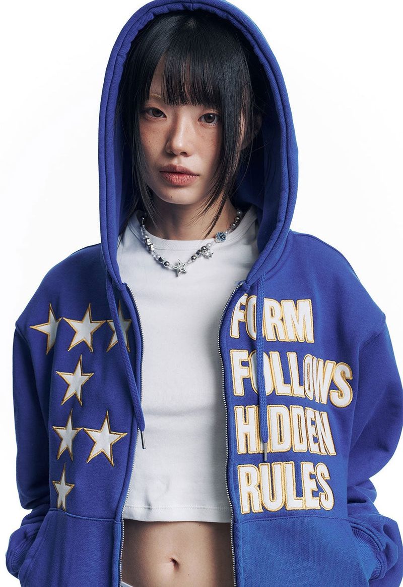 Star Lettering Patch Hoodie Zip-Up - Blue