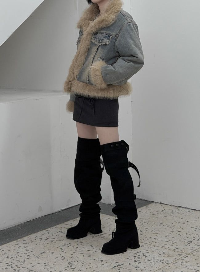 Fur trimmed quilted denim jacket