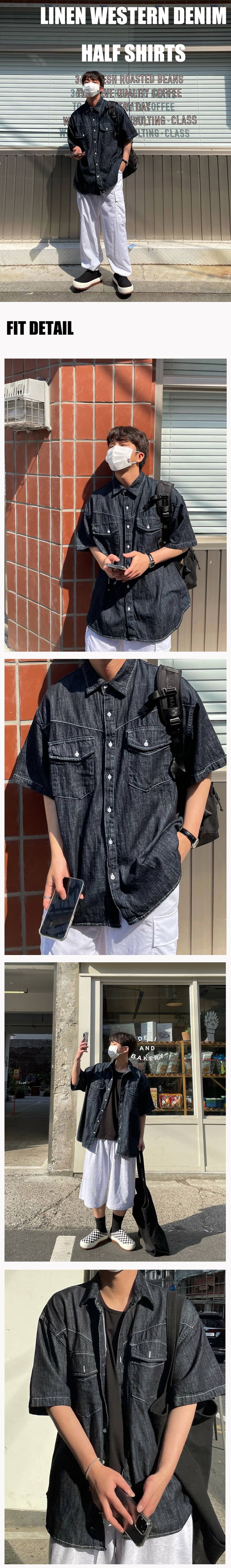 LINEN WESTERN DENIM HALF SHITRS(2COLOR)