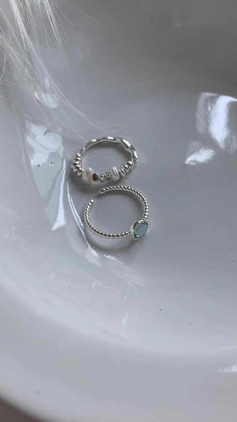 Mint silver-pearl beads ring SET