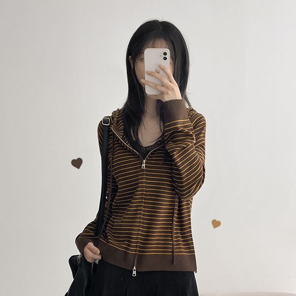 7-Color Striped Two-Way Hooded Knit Zip-up (7 colors)