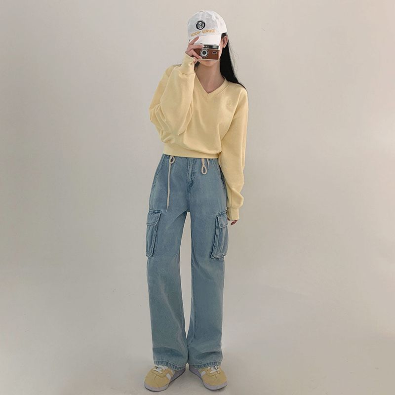 [Bellide made] Pastel V-neck cropped sweatshirt