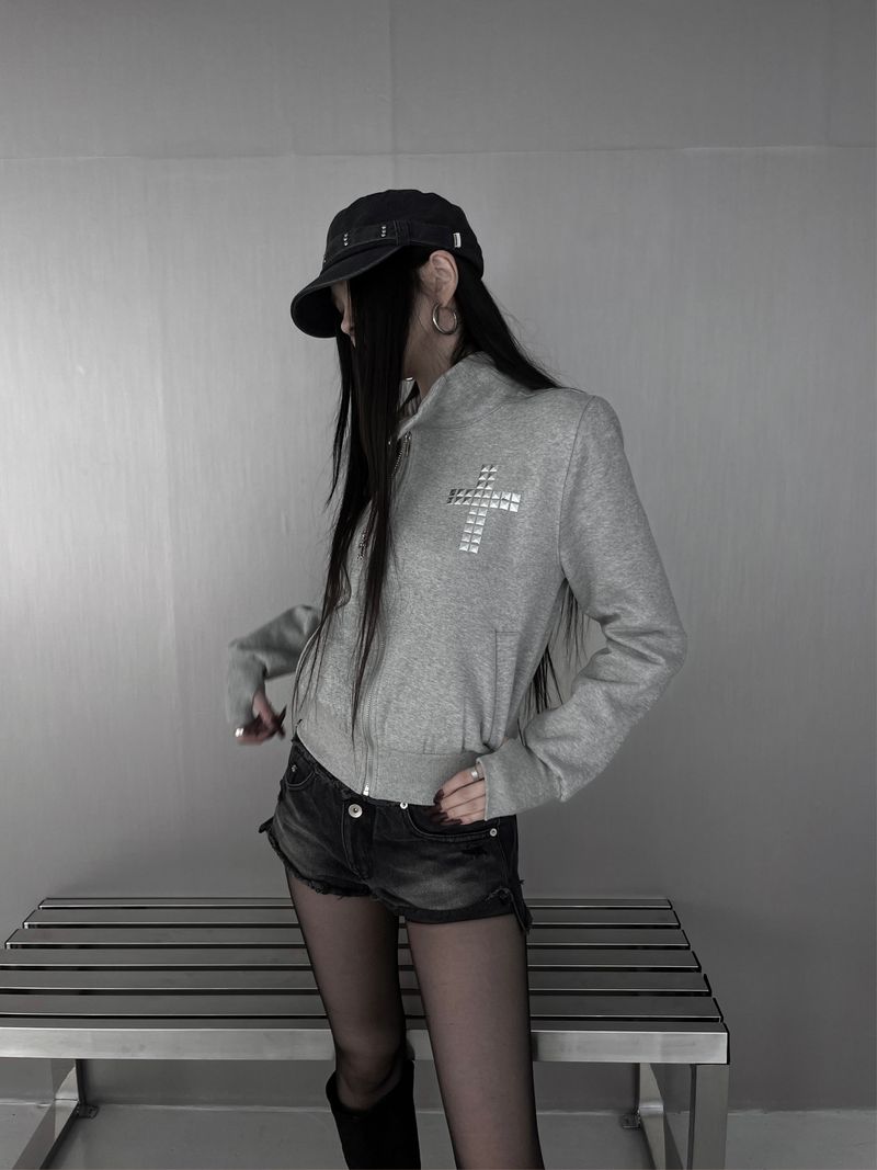 cross stud diagonal warmer zip-up (fleece-lined / 2color)