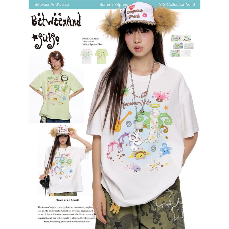 BETWEENAND（ビトゥウィーンアンド）の「BETWEENAND サマーツートーンルーズフィットクルーネックプリントTシャツ（トップス）」