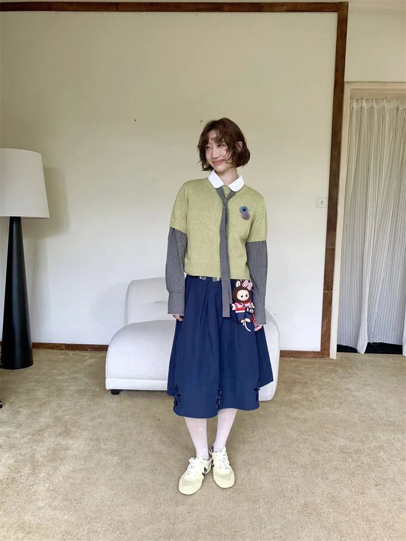 [1+1 Special] Tours Flower Decor Round Neck Wool Short Sleeve Knit