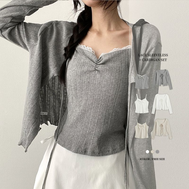 Wavy ribbon + cardigan two-piece SET