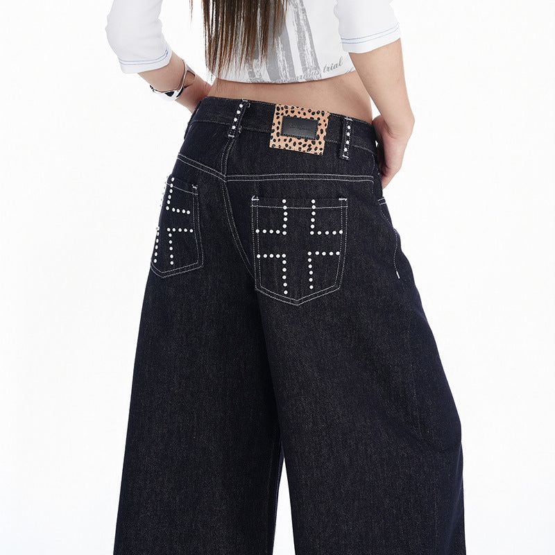 Dark Blue Washed Studded Wide-Leg Jeans