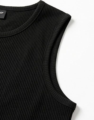Ribbed Henley-Neck Sleeveless Top Black