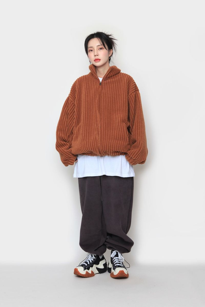 fur ribbed zip-up jacket