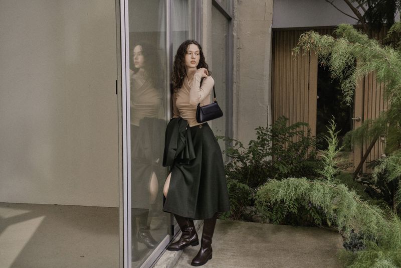 WOOL TWILL SETUP SKIRT_DEEP KAHKI