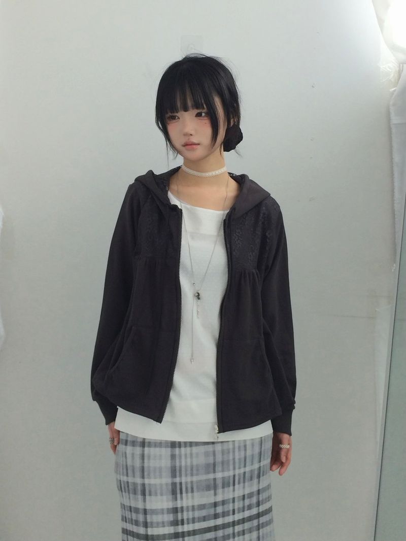 Flower Lace Half-Shirring Hooded Zip-Up