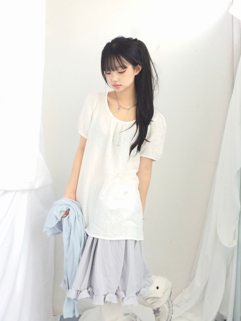 Pocket button puff blouse