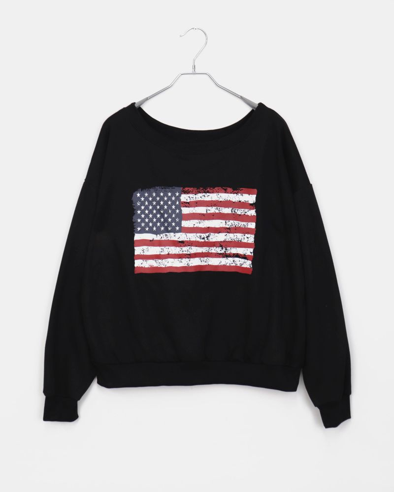 Murhit American Flag Printed One-Off Shoulder Long Sleeve Sweatshirt