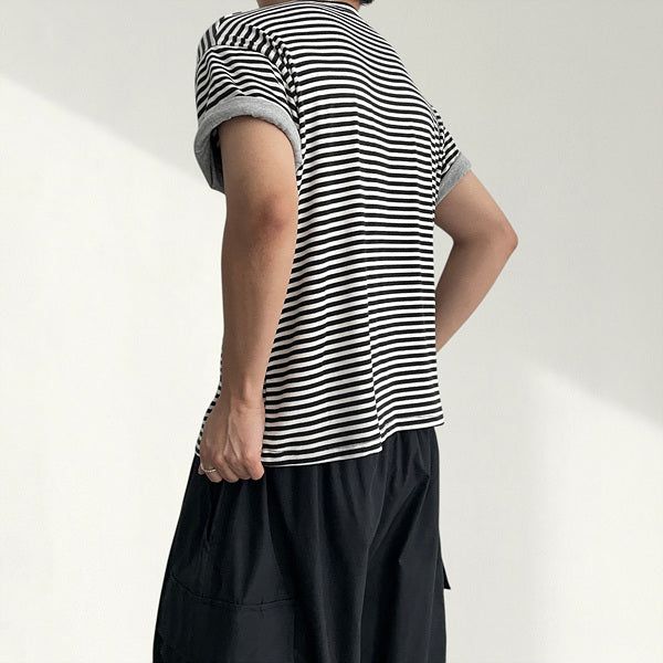 Ro-up Layered Roll-Up Stripe Short Sleeve T-Shirt (4 colors)