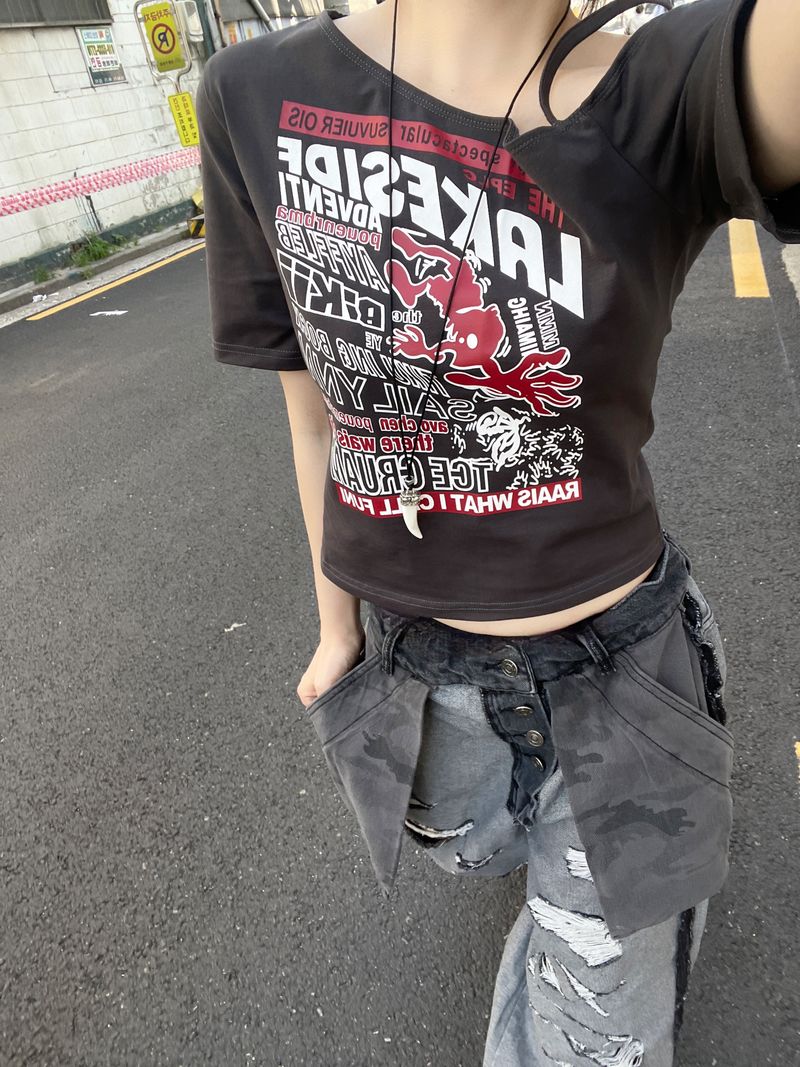 y2k Hip girl Unbalanced off-shoulder Short-sleeved T-shirt
