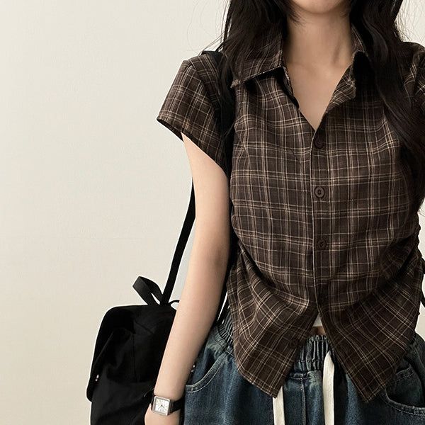 hijjoo（ハイチュー）の「Motsu Check Side String Short Sleeve Shirt（Tops）」