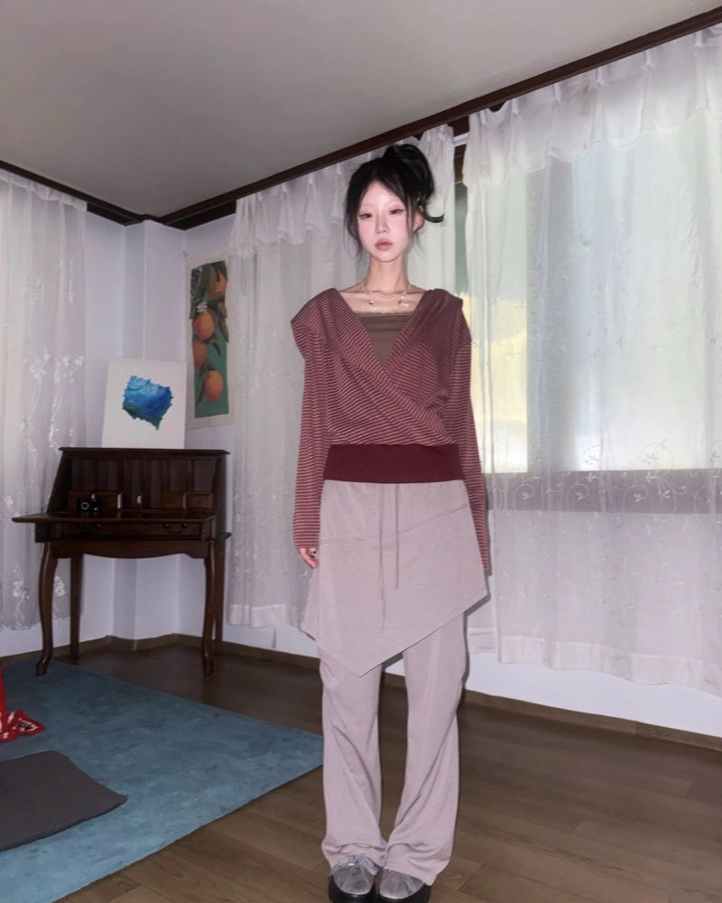 (2color) Diagonal Shirring Bootcut Layered Pants