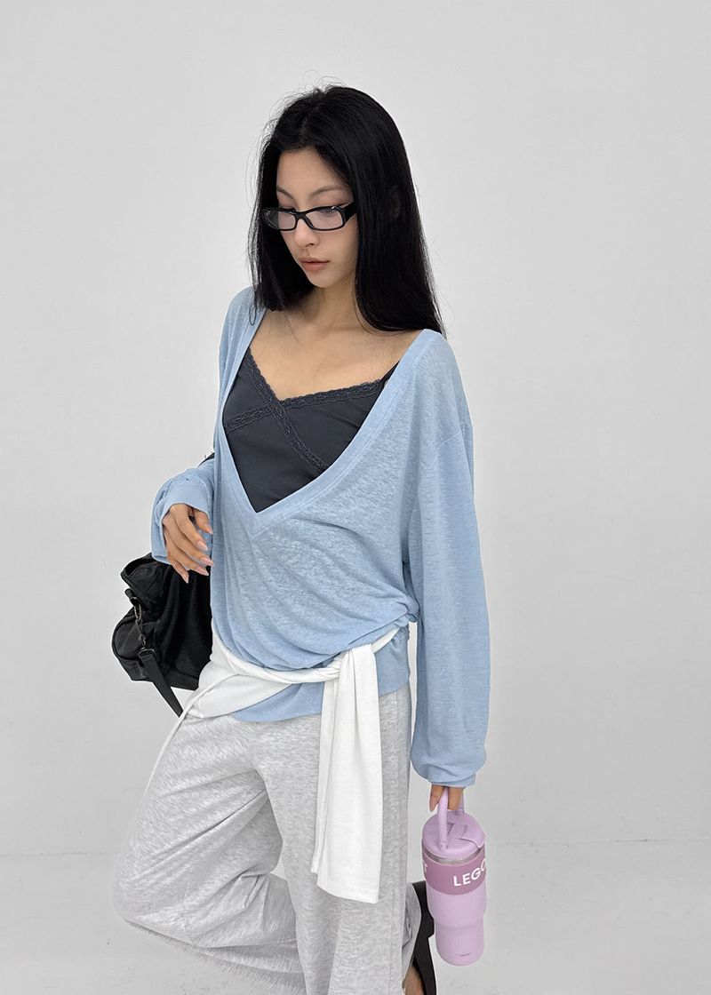 [MADE] Roslyn Deep V-Neck Summer Long Sleeve Top (Linen 55%)