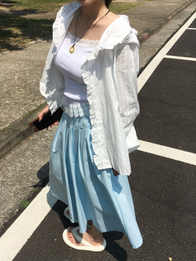 Button Minimal Pin-tuck Sagging Skirt (3c)