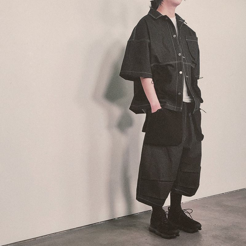 reverse terry pocket denim capri shorts_black