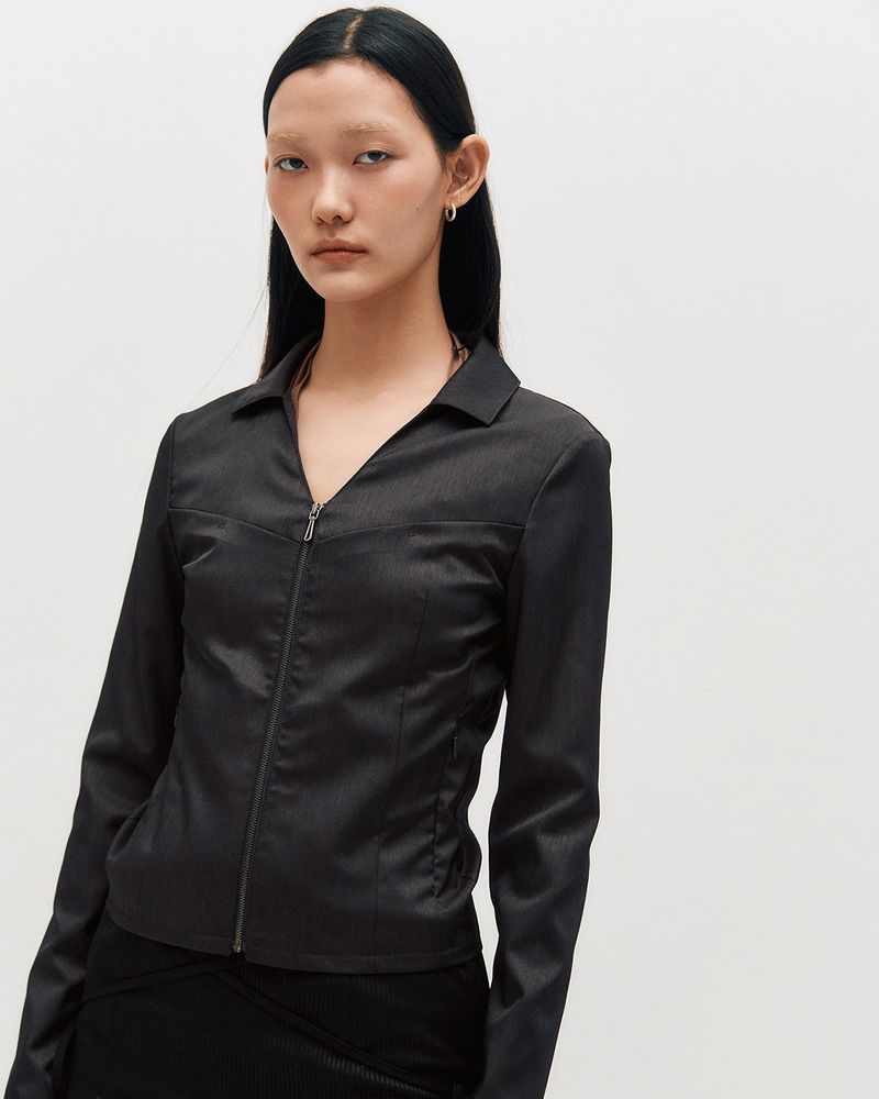 V-Neck Sleek Zip-Up _ GREY